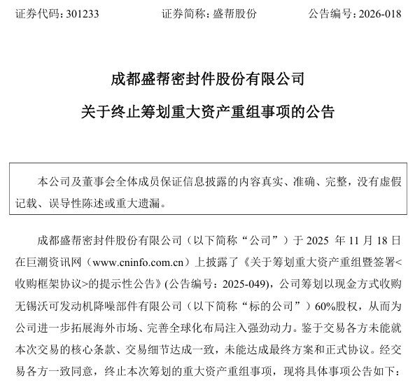盛帮股份最新公告，重大资产重组终止